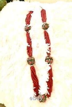 Vintage Coral Necklace W Huge Silver Beads Italy Origin 78cm Long Gorgeous