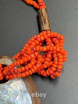 Vintage Coral Necklace Wood and Mother of Pearl