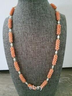 Vintage Coral Saltwater Pearl Beaded Necklace 14k clasp 22