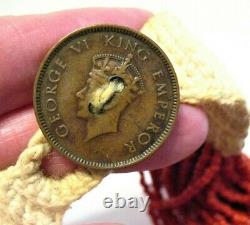 Vintage Coral Seed Bead Necklace Macrame Genuine George VI Coin Closure 22