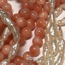 Vintage Coral and Pearl Bead Necklace Multi-Strand 14K Gold Clasp Multistrand