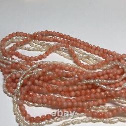 Vintage Coral and Pearl Bead Necklace Multi-Strand 14K Gold Clasp Multistrand