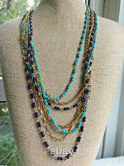 Vintage Crown Trifari Coral Seed Bead Purple Turquoise Gold Necklace 22 to 28