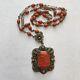 Vintage Czech Molded Coral Glass Floral Brass Filigree Bead Chain Link Necklace