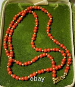 Vintage Dainty Natural Red Coral 18K Yellow Gold 3mm Beads 16 Necklace 11B 4.7