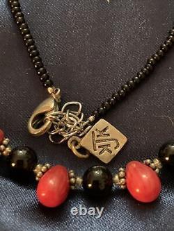 Vintage Designer Kjk Nyc Black Onyx Carved Coral Bead Graduated Necklace