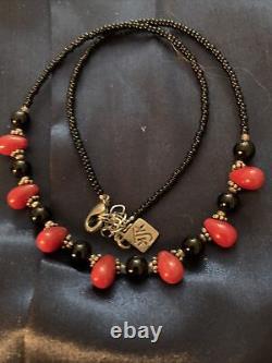 Vintage Designer Kjk Nyc Black Onyx Carved Coral Bead Graduated Necklace