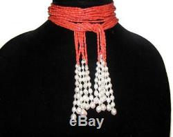 Vintage Designer Six Strand Coral Bead w Baroque Pearls Tassel Lariat Necklace