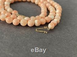 Vintage Estate 14K Yellow Gold & Angel Skin Coral Knotted Bead Necklace 5mm