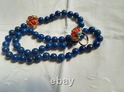 Vintage, Estate 14 k Salmon Coral Turquoise Clasp, Lapis Lazuli Bead Necklace