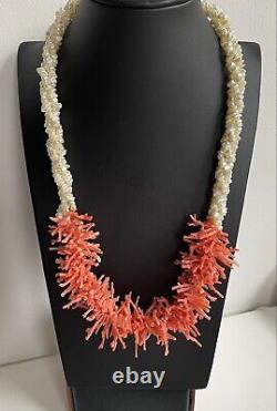 Vintage Estate Mother of Pearl & Salmon coral Branch GP Statement necklace 23.6