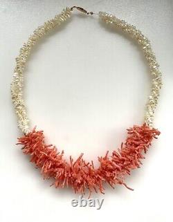 Vintage Estate Mother of Pearl & Salmon coral Branch GP Statement necklace 23.6