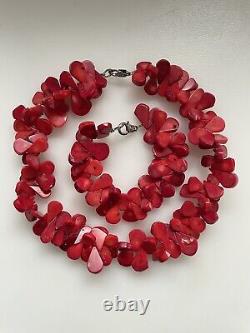 Vintage Estate Polished Bamboo Red Coral Chunky Necklace & Bracelet Set