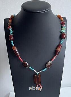 Vintage Estate Polished Coral Agate Turquoise Carnelian Necklace 25.5