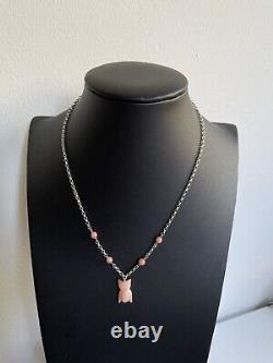 Vintage Estate Silver 925 & Salmon Pink Coral Chain Necklace & Owl Pendant Charm