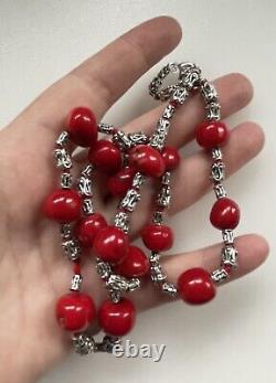 Vintage Estate Silver Natural Hand Carved Large Med Red Coral Beads Necklace