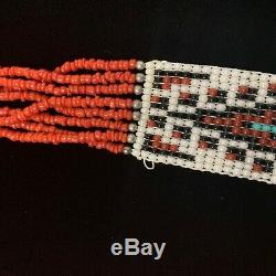 Vintage Estate Sterling Silver Coral Native Rug Drape Beaded Necklace 24 Long
