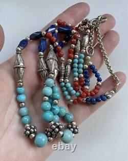 Vintage Estate Sterling Silver Ethnic Necklace Turquoise Coral & Lapis Lazuli