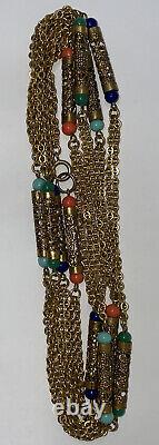 Vintage Faux Coral Turquoise Jade Bead Filigree Link Long Layering Necklace