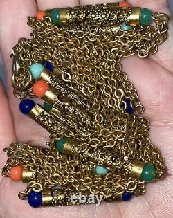 Vintage Faux Coral Turquoise Jade Bead Filigree Link Long Layering Necklace