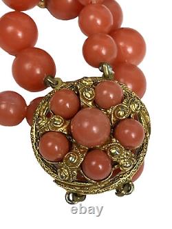 Vintage Florenza 24Coral Gold Acrylic Bead Double Strand Necklace Button Clasp