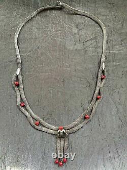 Vintage French Designer Necklace Silver Tubogas chain with Coral beads