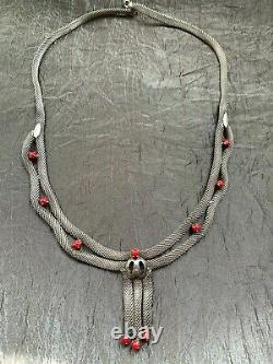 Vintage French Designer Necklace, Silver Tubogas chain with Coral beads