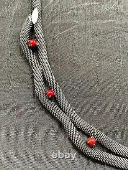 Vintage French Designer Necklace, Silver Tubogas chain with Coral beads