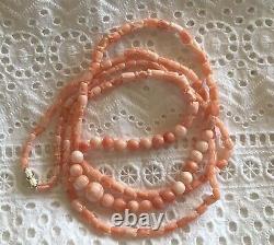 Vintage Genuine Angel Skin Coral Necklace 38 inches carved tulips beads