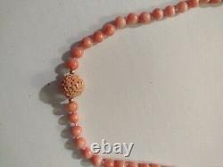 Vintage Genuine Coral Rope bead Necklace With Sponge Coral 14k gold 28 Inches