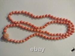 Vintage Genuine Coral Rope bead Necklace With Sponge Coral 14k gold 28 Inches