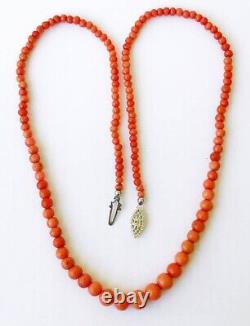 Vintage Graduated Beads Salmon Coral Filigree Silver Clasp Necklace 18