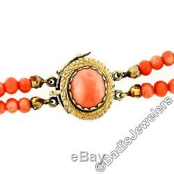 Vintage Graduated Dual Strand Salmon Coral Bead Necklace Etched 14k Gold Clasp