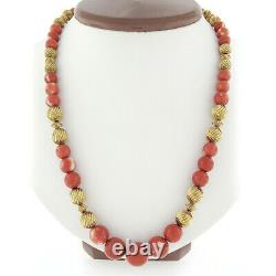 Vintage Graduated GIA Round Coral Bead & Textured 14k Gold Spacer 33 Necklace