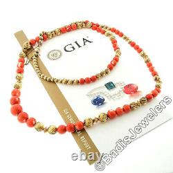 Vintage Graduated GIA Round Coral Bead & Textured 14k Gold Spacer 33 Necklace