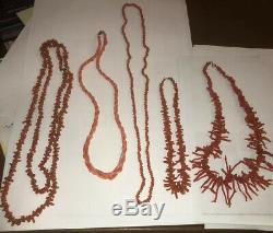 Vintage Group Lot Of 5 Coral Beads Necklace Choker Nice