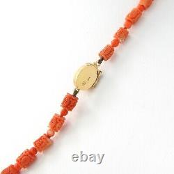 Vintage, Hand Carved Italian Coral Bead Necklace, Asian Motif, 18K Gold Rondells