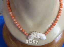 Vintage Hand Strung Angel Skin Coral Beaded And Carved Coral Center Necklace 14k