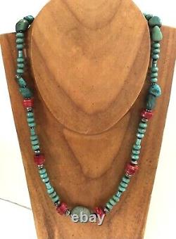 Vintage Handmade Genuine Turquoise Coral Bead Sterling Silver Necklace 19.5