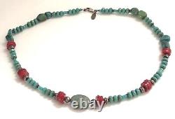 Vintage Handmade Genuine Turquoise Coral Bead Sterling Silver Necklace 19.5
