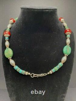 Vintage India Nepal Tibetan Silver Coral and Turquoise Necklace