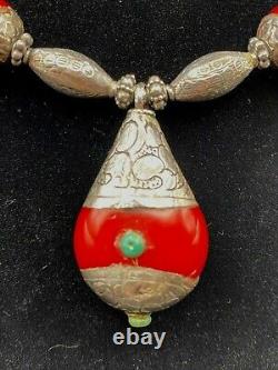 Vintage India Nepal Tibetan Silver Coral and Turquoise Necklace