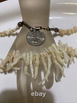 Vintage Indian Angel Skin Coral Sterling Graduated Branch Necklace