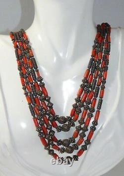 Vintage Indian Ethnic Silver Bib Spice Red Coral Bead 5 strand Necklace 11i 16