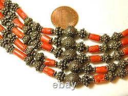 Vintage Indian Ethnic Silver Bib Spice Red Coral Bead 5 strand Necklace 11i 16
