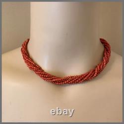 Vintage Italian Red Coral Torsade 7 Strands Necklace g 17.5 inches 36 grams