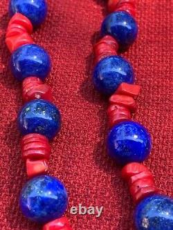 Vintage Lapiz lazuli and Coral Beaded Necklace, 32, 172 grams