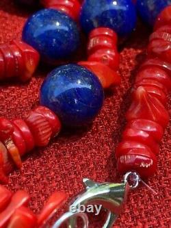 Vintage Lapiz lazuli and Coral Beaded Necklace, 32, 172 grams