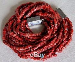 Vintage Large RED CORAL Navajo Big Stamped Sterling Silver Clasp Bead Necklace