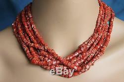 Vintage Large RED CORAL Navajo Big Stamped Sterling Silver Clasp Bead Necklace
